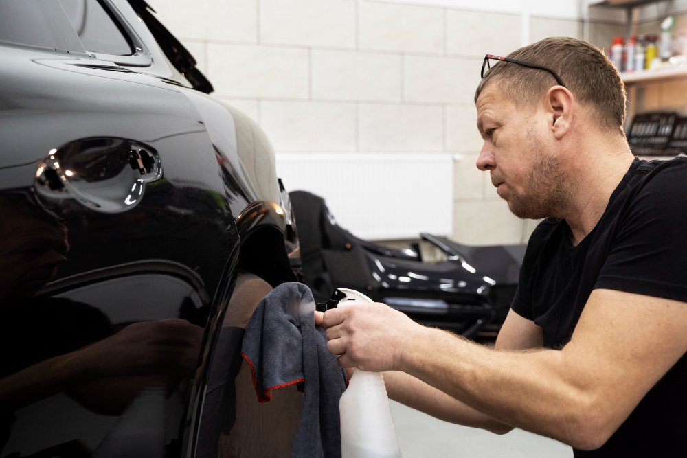 Technician repairing car body panel