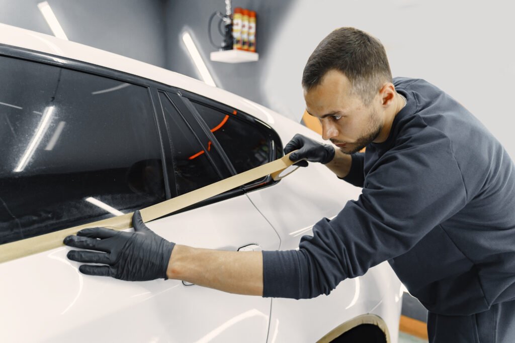 Preparing a car before spray painting